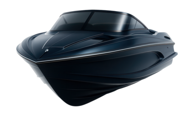 Sleek speedboat featuring aerodynamic design and a tinted windshield.