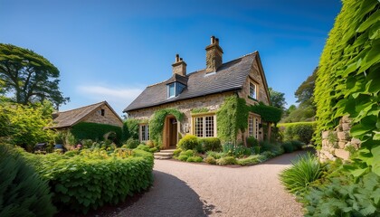 Fototapeta premium charming stone cottage with ivy covered walls and roof a winding gravel path leads to the inviting entrance surrounded by rich green plants and vibrant gardens under a clear blue sky
