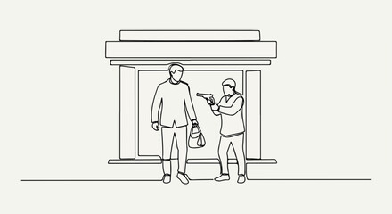 Obraz premium Criminal activity depicted with bank robbery scene featuring a robber pointing gun at person. Criminal activity demands attention and illustrates danger, with outline capturing tense bank robbery.