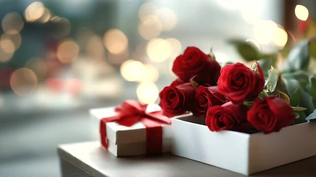 Red roses with romantic gift box no faces or hands visible valentine gift love present romantic arrangement flower and gift valentine's day relationship celebration red the