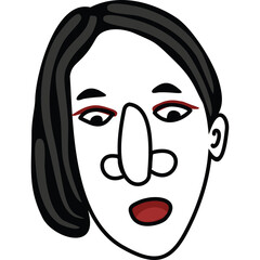 Abstract Portrait of a Woman with Dark Hair and Red Eyeliner on a Transparent Background with a Wide Mouth Expression