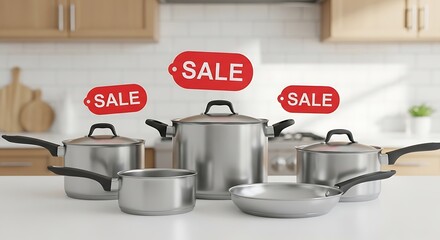 Stainless steel pots and pans with red sale tags displayed in a kitchen setting cookware kitchenware
