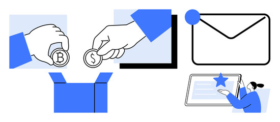 Exchanging currency, open box, email, and user rating digital content. Ideal for finance, online payment, delivery, communication, digital currency user interaction simple flat metaphor