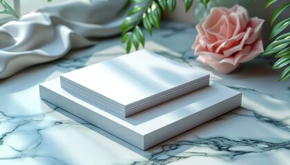 Stack of white cards on a white platform with a rose and green leaves nearby