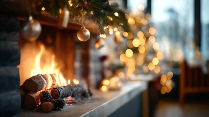 Fireplace with Christmas decorations and tree lights glowing no people visible holiday ambiance scene festive interior cozy atmosphere magical lighting winter celebration