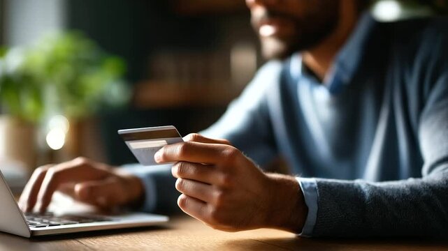 Close up of hands holding credit card for online purchase face completely obscured payment method online transaction digital shopping e commerce payment secure purchase