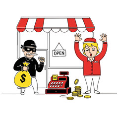 Obraz premium Robbery at store shows thief holding bag of money and cashier with hands up, illustrating crime. Robbery scene depicts burglar grabbing cash, while employee is surrendering, emphasizing crime.