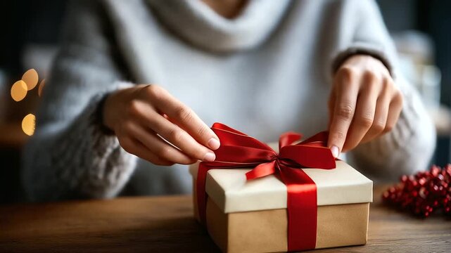 Close up of hands unwrapping Christmas present with ribbon face completely obscured gift opening moment unwrapping action holiday surprise present reveal festive excitement
