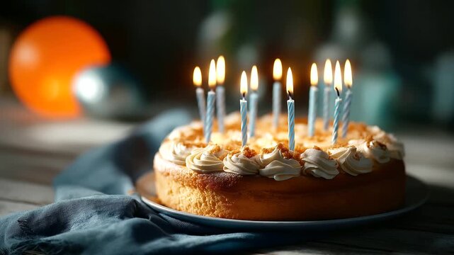 Overhead view of birthday cake with candles ready to blow no faces visible celebration dessert flatlay party cake birthday tradition festive sweets candle lighting top view