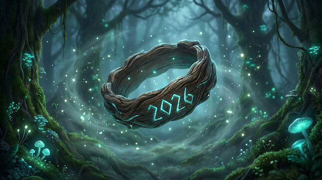 Enchanted 2026 ring hovering in a mystical glowing forest with magical mushrooms