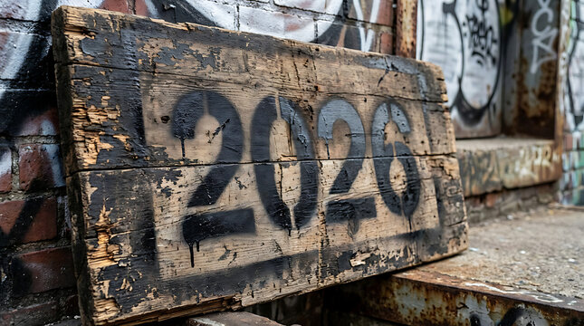 Gritty vintage wood sign with black 2026 numbers against distressed brick wall