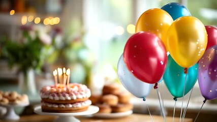 Close up of colorful birthday balloons with cake no people visible party decoration celebration scene birthday party setup festive balloons cake and balloons colorful - Powered by Adobe