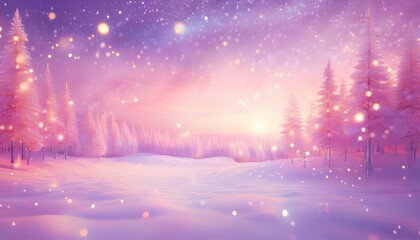 pastel dreamscape cotton candy pink sunrise over lavender tinted snow plains blurred larch forest in rear glowing golden snowflakes appearing as floating diamond dust