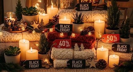 Black Friday sale display with candles blankets and discount tags offer promotion