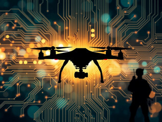 A drone is showcased in silhouette against an intricate background of circuit patterns and bright lights, hinting at its advanced technology and usage in innovative applications
