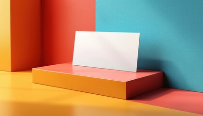 White card on a coral platform with orange, red and blue walls in a studio setting