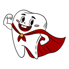 Hand-drawn illustration of strong superhero tooth character. Fun and educational design powerful tooth protecting against cavities and dental problems