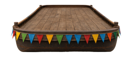 Rustic flat-deck barge adorned with vibrant bunting flags.