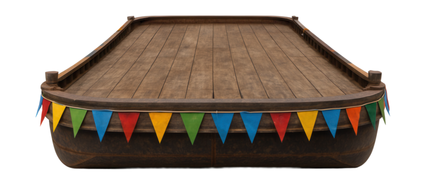 Rustic flat-deck barge adorned with vibrant bunting flags.