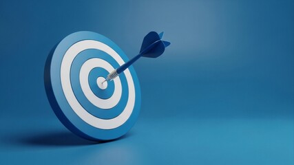 Dart hitting bullseye on target board against blue background, symbolizing business success and achievement.