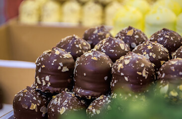 Artisanal Dubai chocolate with pistachios at Strasbourg Christmas Market, France.