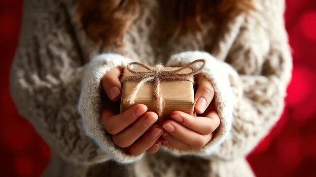 Female hands in pullover holding wrapped Christmas gift face completely not visible gift giving gesture holiday present winter celebration cozy sweater sleeves festive moment