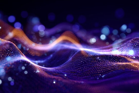 Innovative patterns: flowing digital waves in science. Tech panels. Seamless flow of particle waves in advanced technology. Virtual analytics. Interactive charts.