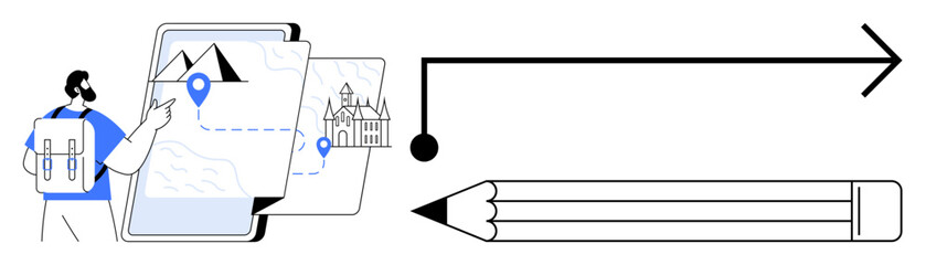 Traveler with backpack pointing to map locations, pencil and arrow symbolizing direction, navigation, and planning. Ideal for travel, exploration, navigation, journey planning, education creativity