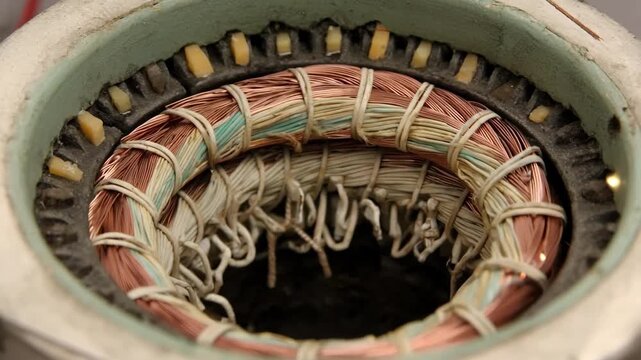 Copper wire coil installation in induction motor assembly focusing on layered winding techniques and robust motor construction for efficient electromagnetic performance.