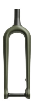 Gravel bike fork featuring thru-axle dropouts in a matte olive green finish.