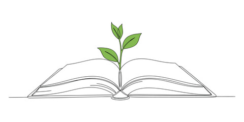 Minimal Line Drawing of an Open Book with Growing Plant – One Line Education and Growth Concept Illustration.