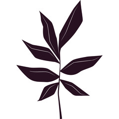 Dark Purple Leafy Branch Silhouette with Transparent Background Minimalist Botanical Vector Illustration Elegant Natural Element Design Clean Simple Graphic Art