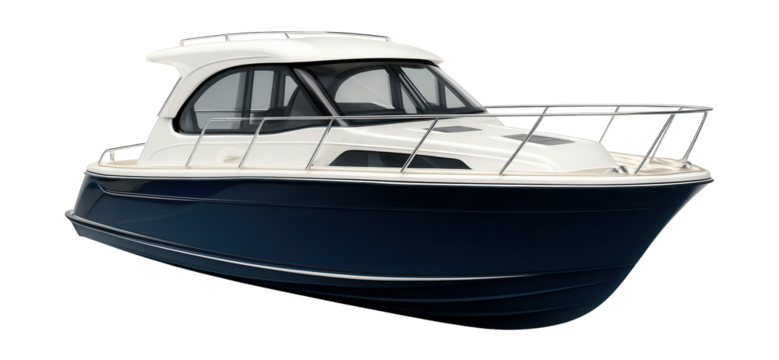 Sleek compact river cruiser featuring a streamlined hull and wide side windows.