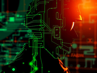 A robot-like figure is pictured in profile against a dark background filled with glowing green circuits and orange light, showcasing the fusion of technology and innovation