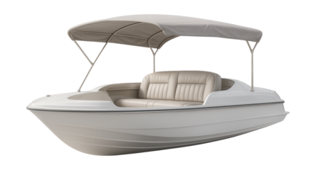 Passenger boat with retractable awning and comfortable bench seating.