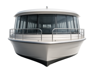 Scenic river boat featuring spacious viewing windows and an open bow.