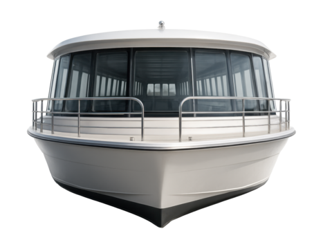 Scenic river boat featuring spacious viewing windows and an open bow.