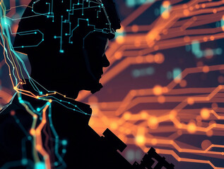 A soldier's profile stands against a backdrop of vibrant circuit patterns and lines, symbolizing the blend of military and advanced technology in a modern setting