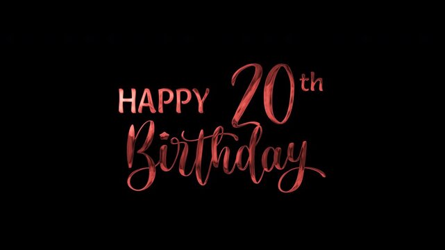20th happy birthday text animation in red metallic effect. suitable for birthday celebrations, social media posts, and greeting cards. Includes alpha channel for any background.