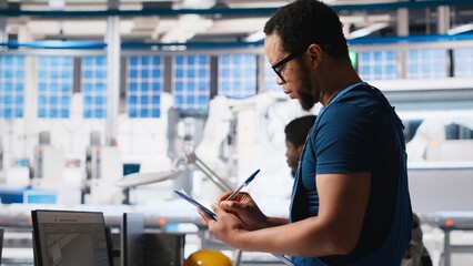 Black engineer in photovoltaics factory reviews performance of solar panels assembly lines, checking paperwork for finetuning. Supervisor inspecting solar cell machinery. Camera A.