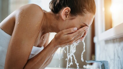 Woman standing at a sink, splashing fresh water onto her face, creating a refreshing and cleansing moment as part of her daily beauty and hygiene routine