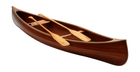 Traditional curved hull canoe with wooden paddles for river adventures.
