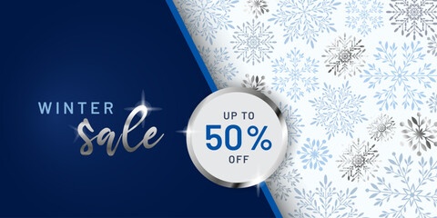 Elegant winter sale banner with sparkling silver accents, blue background and decorative snowflake pattern. Perfect for promoting seasonal discounts, holiday offers and up to 50% off retail campaigns.