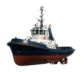 Twin-screw tugboat with a high bow and compact wheelhouse design.