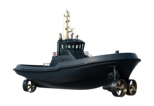 Low-profile stern drive tugboat with azimuth propulsion system.