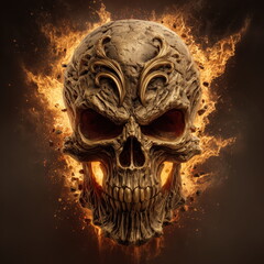Wall Art Epic Golden Biker Skull Emerging from Fire and Explosions in Gloomy Background