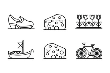 Iconic dutch symbols clogs cheese tulips boat and bicycle