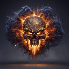 Wall Art Golden Biker Skull Rising from Smoke with Fiery Explosions and Gloomy Eyes