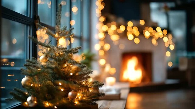 Christmas tree near fireplace with bokeh lights no people visible holiday interior background festive scene cozy atmosphere magical lighting effect winter celebration