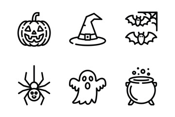 Hand drawn halloween icons set pumpkin witch hat bats ghost spider cauldron